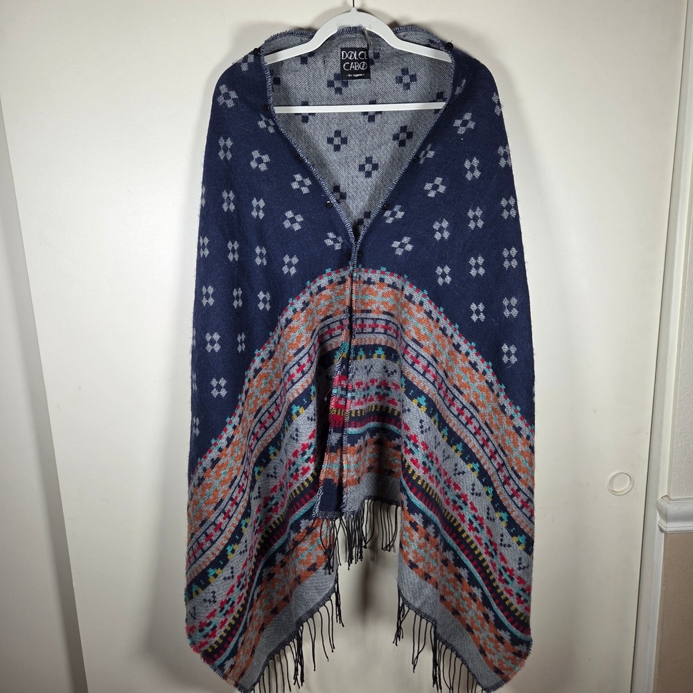 Dolce Cabo Poncho Wrap Women M Blue Geometric Tibet Lamb Fur Trim Boho Chic
